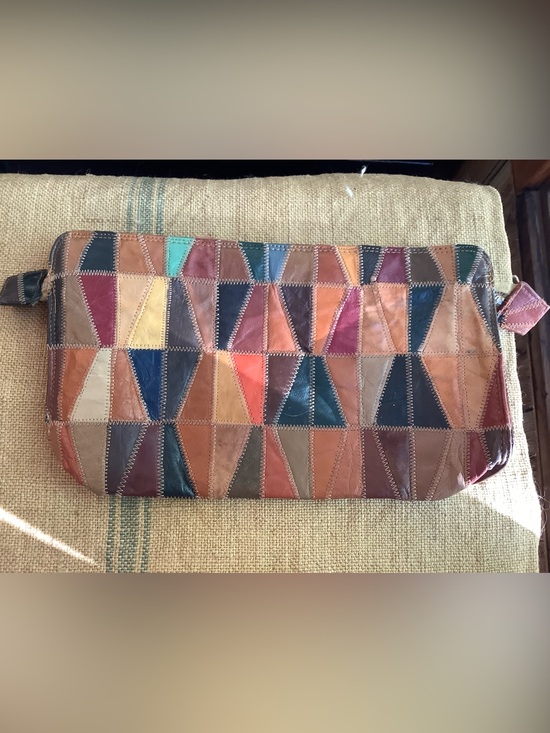 Vintage Handbags - Vintage 1970s Multi Colored Leather Patchwork  Clutch Purse